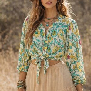 Floral Tie-Front Blouse Sleeves White Yellow Teal Feminine Detail Bohemian Inspo